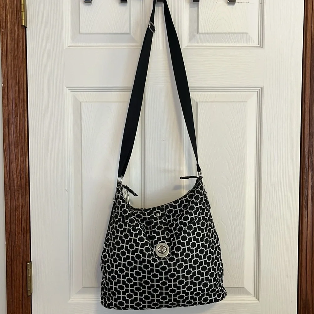 Baggallini Black & White Geometric Print Travel Purse Laptop Work Shoulder Bag